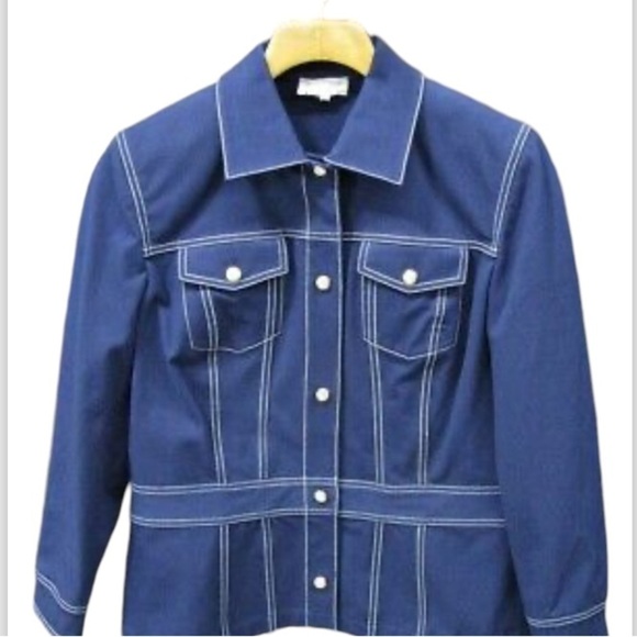 ST JOHN SPORT Navy Blue Twill Jacket Sz S Flap Pockets & White Stitching - Picture 1 of 8